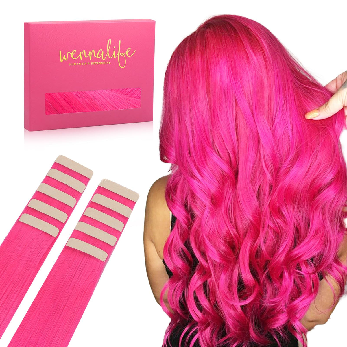 Wennalife Hot Pink Tape in Hair Extensions front view
