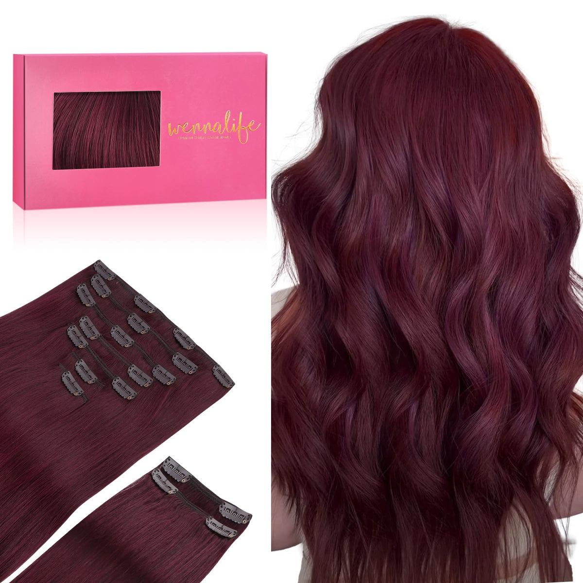Wennalife Light Burgundy Clip In Hair Extensions front view