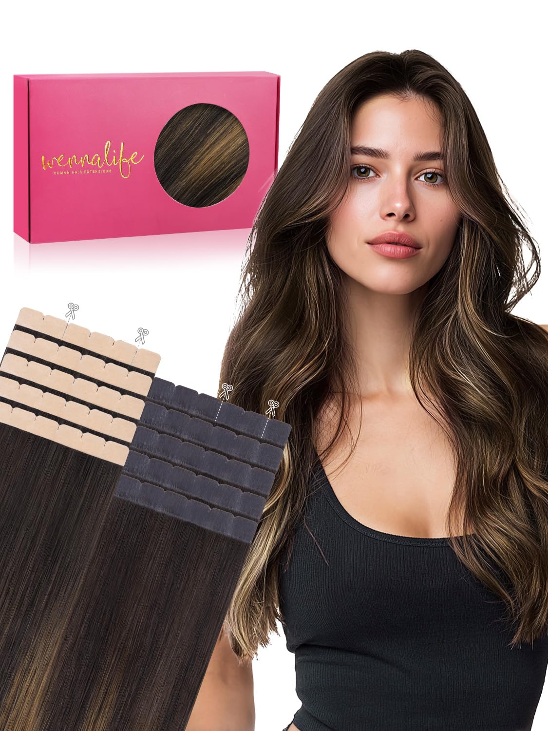 Wennalife Mini Tape in Hair Extensions 14 Inch brown blend front view