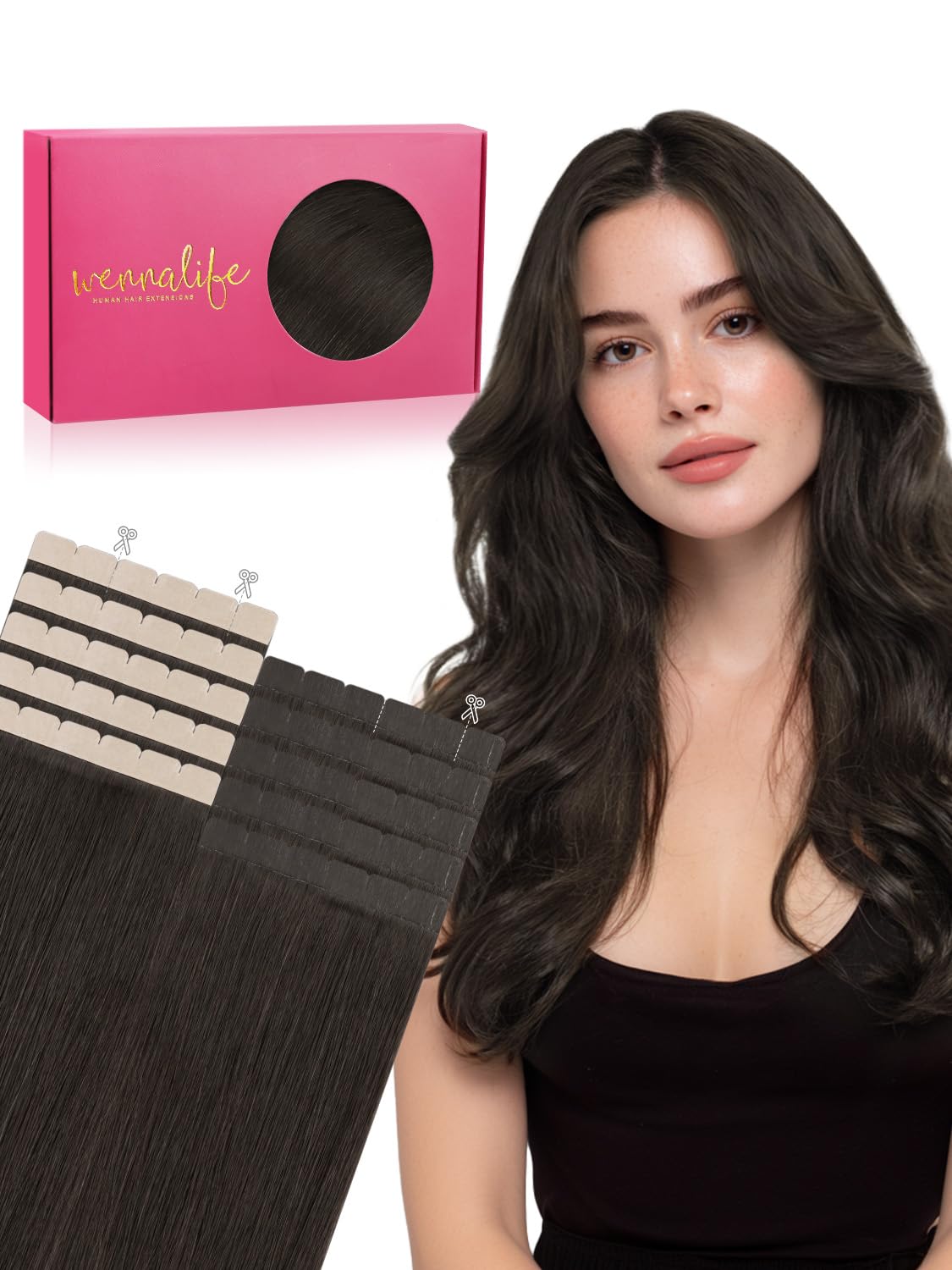 Wennalife Mini Tape in Hair Extensions 20 Inch Dark Brown front view
