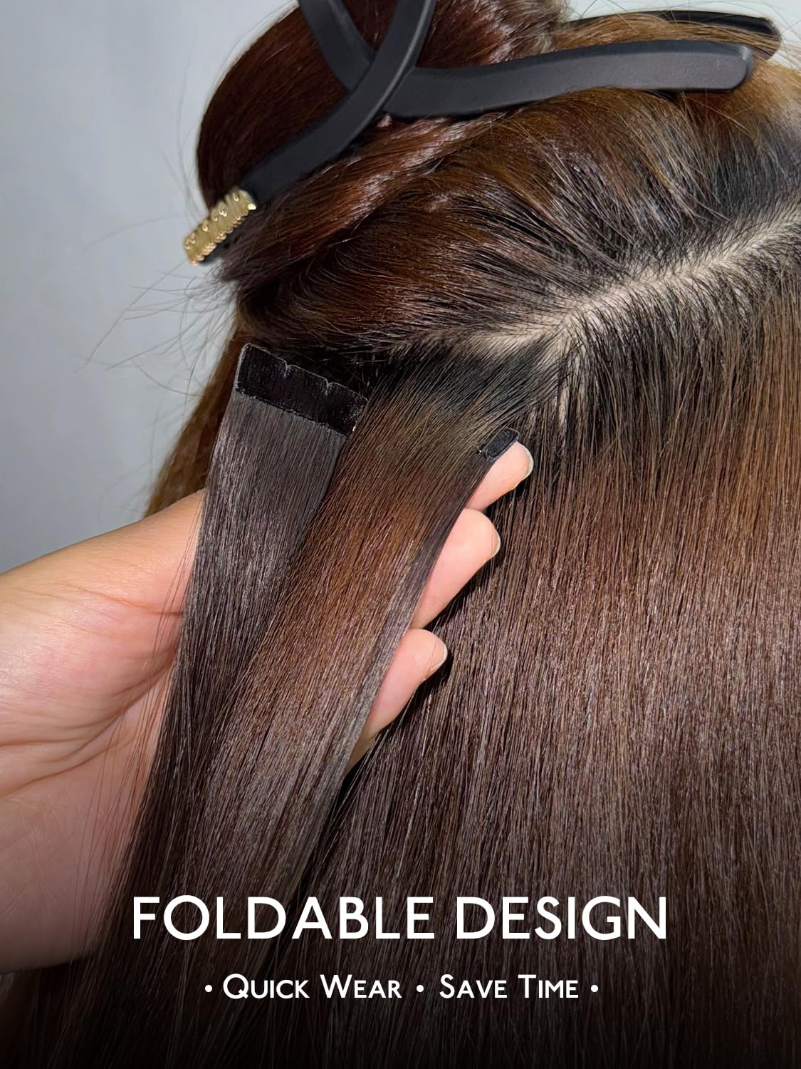 Wennalife Mini Tape in Hair Extensions 20 Inch Dark Brown styled on model