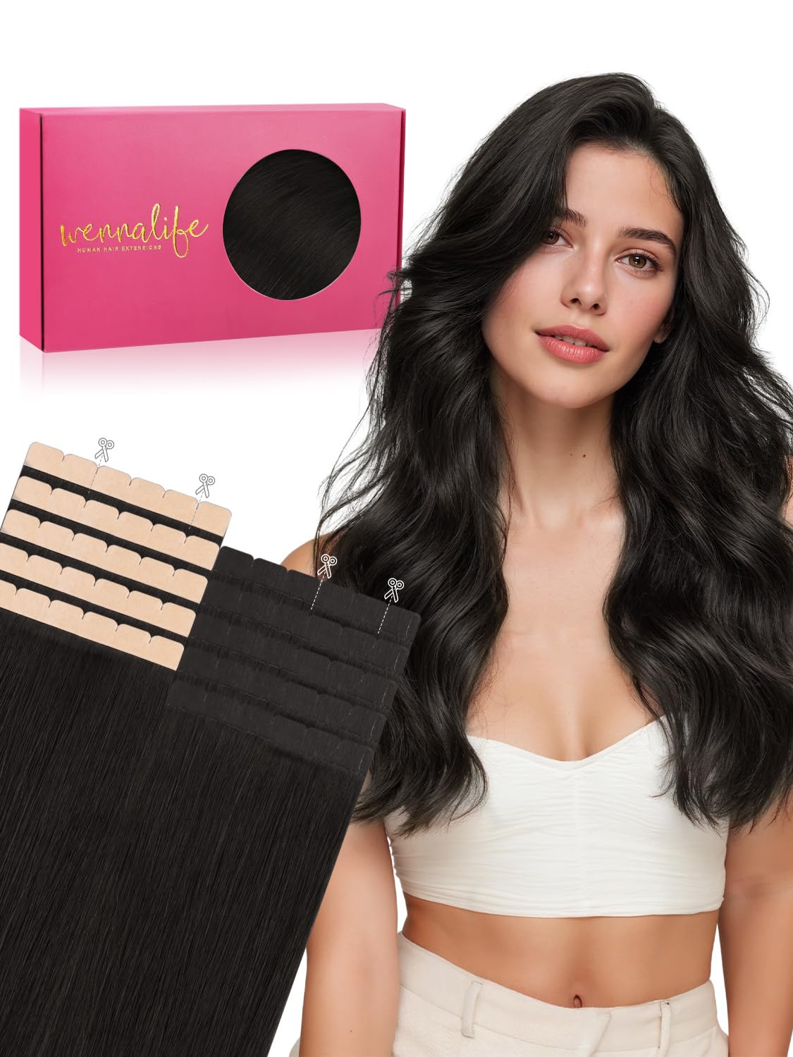 Wennalife Mini Tape in Hair Extensions 22 Inch Natural Black front view