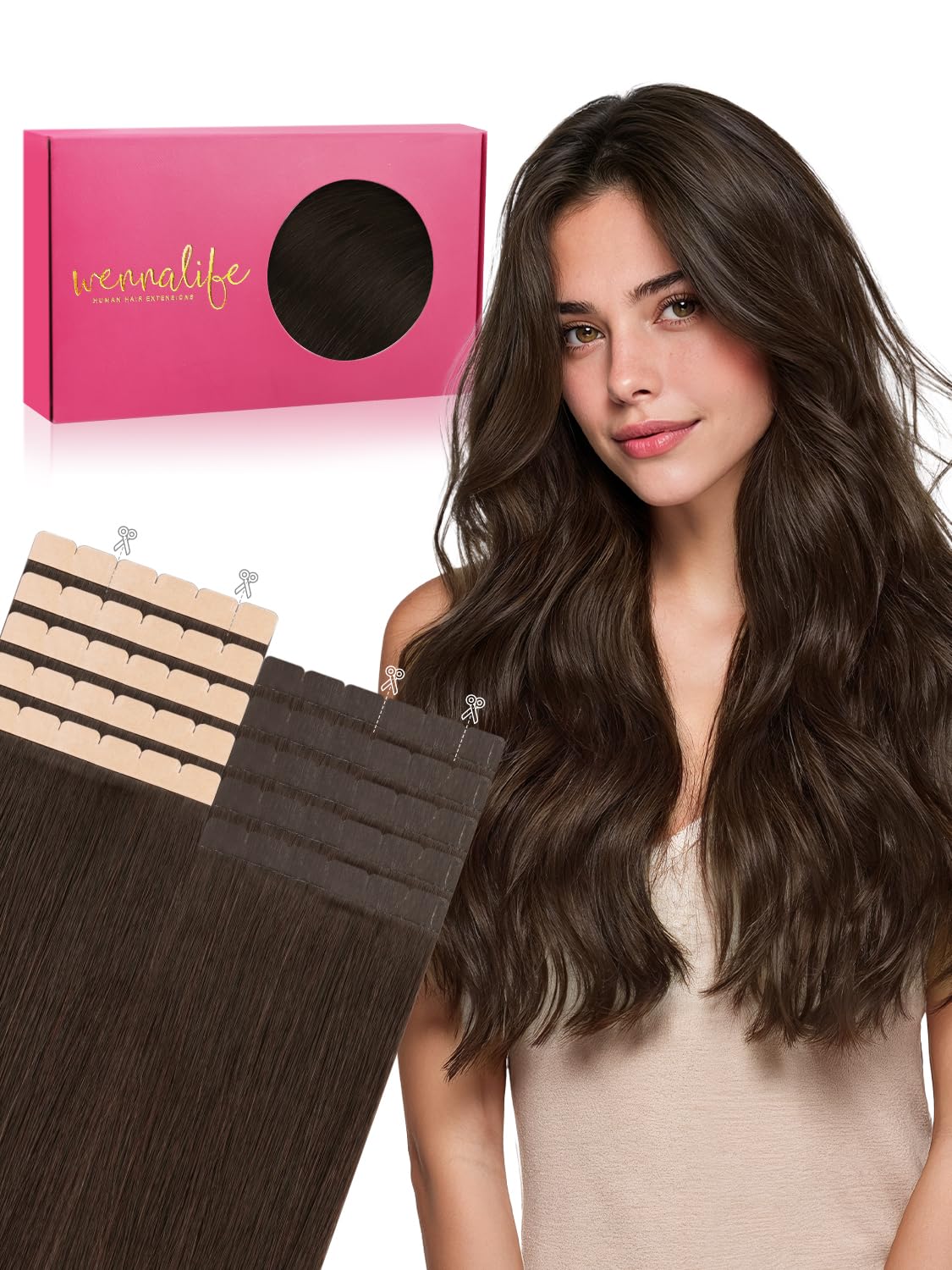 Wennalife Mini Tape in Hair Extensions Chocolate Brown front view