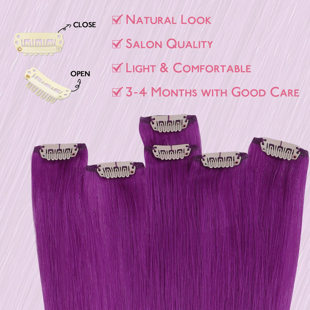 Wennalife Purple Clip-in Hair Extensions displayed on a model