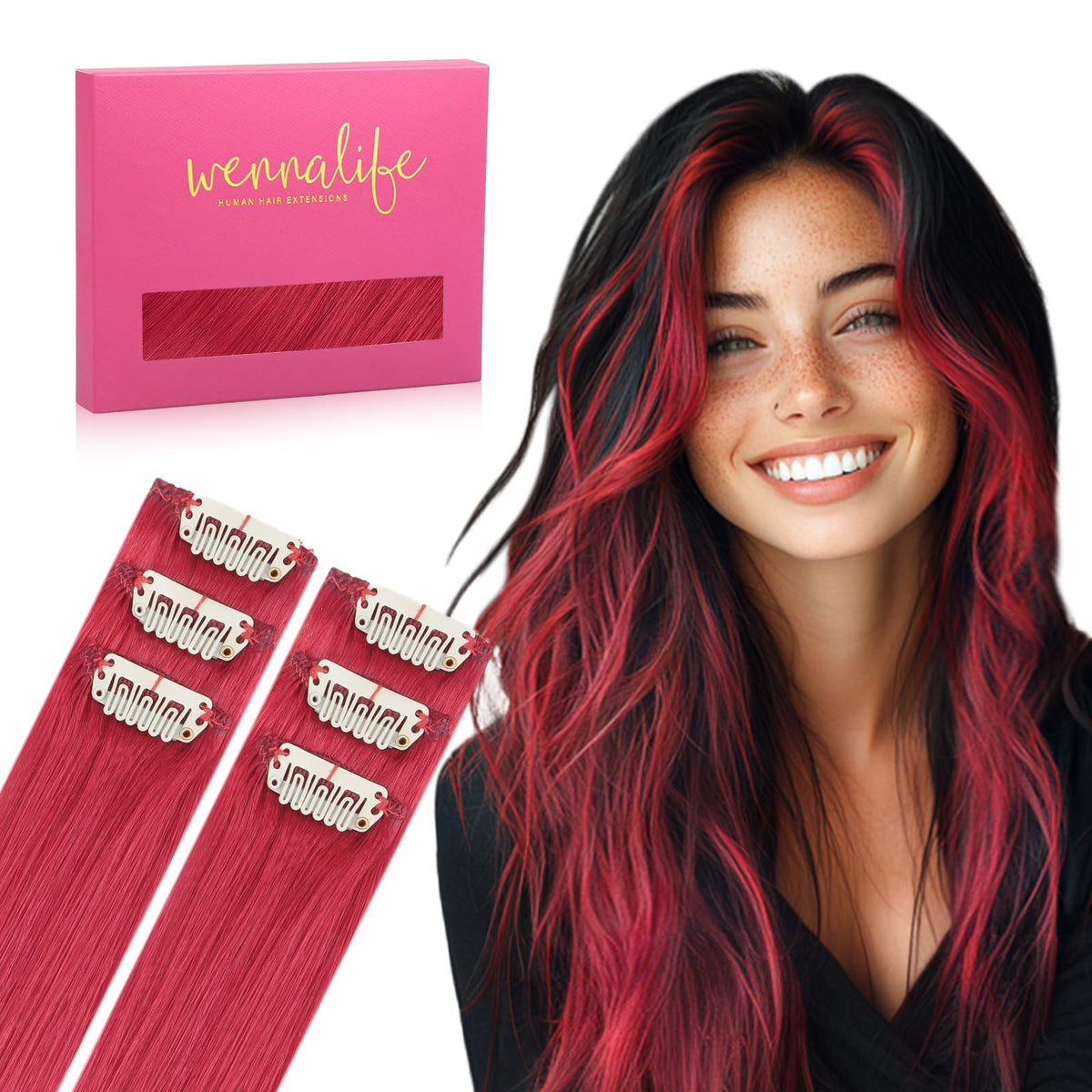 Wennalife Red Clip-In Hair Extensions front view with 6 pieces