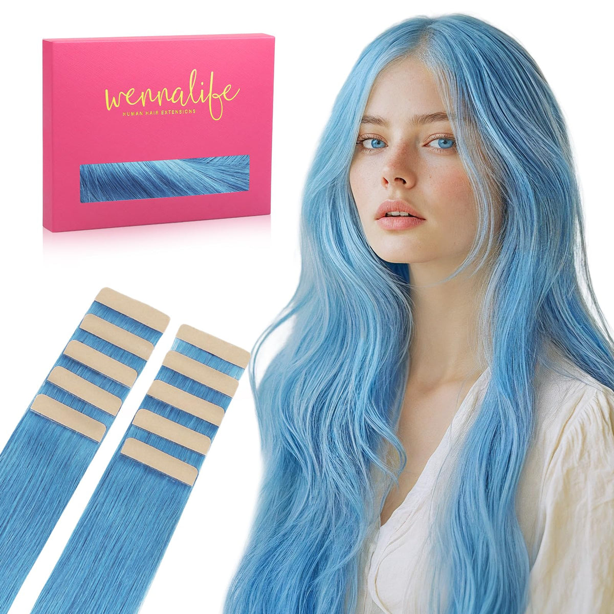 Wennalife SkyBlue tape in hair extensions pack front view