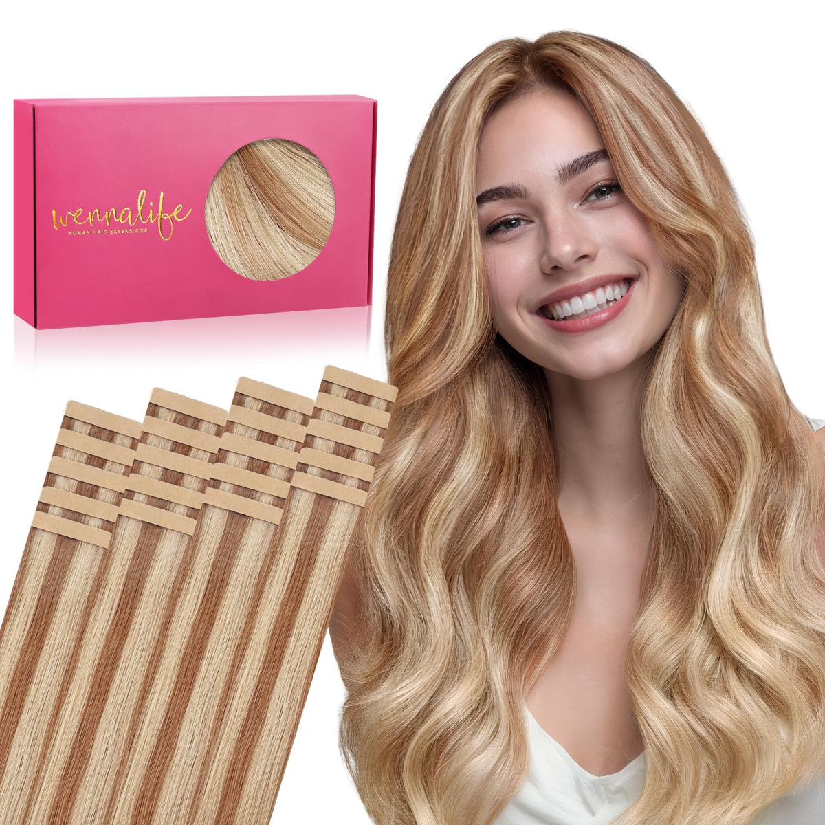Wennalife Tape in Hair Extensions 10 inch Ash Beige Blonde Blend front view