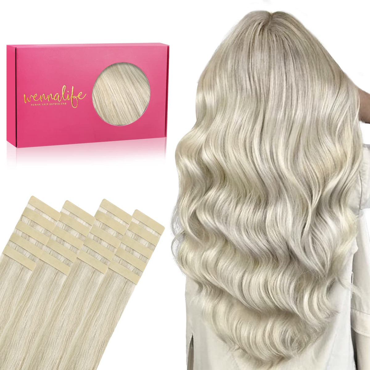Wennalife Tape in Hair Extensions 10 inch Ash Blonde highlighted platinum front view