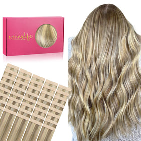 Wennalife Tape in Hair Extensions 10 inch Ash Brown with Platinum Blonde Highlights front view