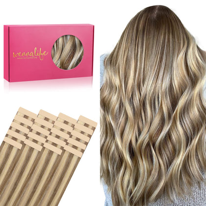 Wennalife Tape in Hair Extensions 10 inch Ash Brown with Platinum Blonde Highlights front view