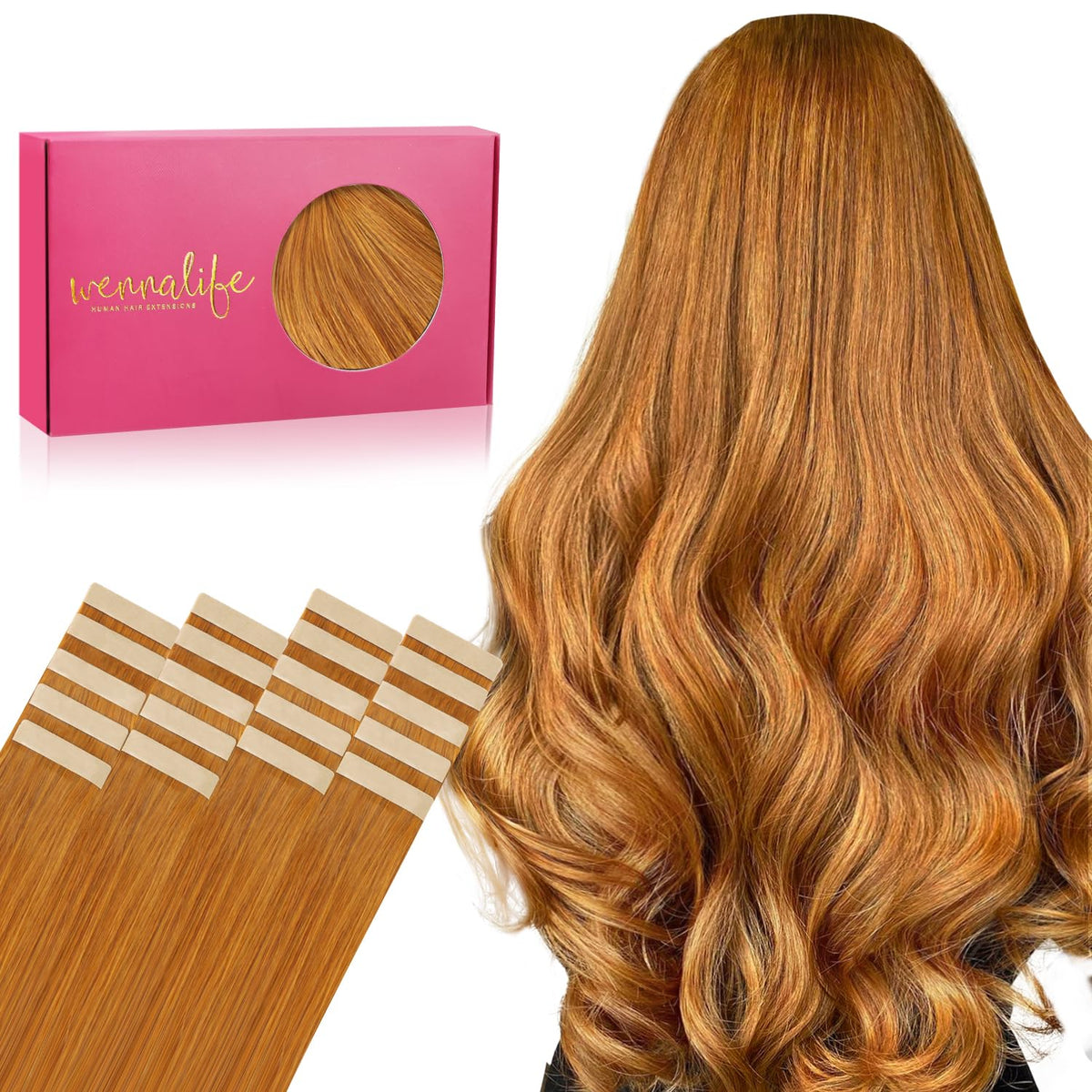Wennalife Tape in Hair Extensions 12 inch Auburn Ginger front view