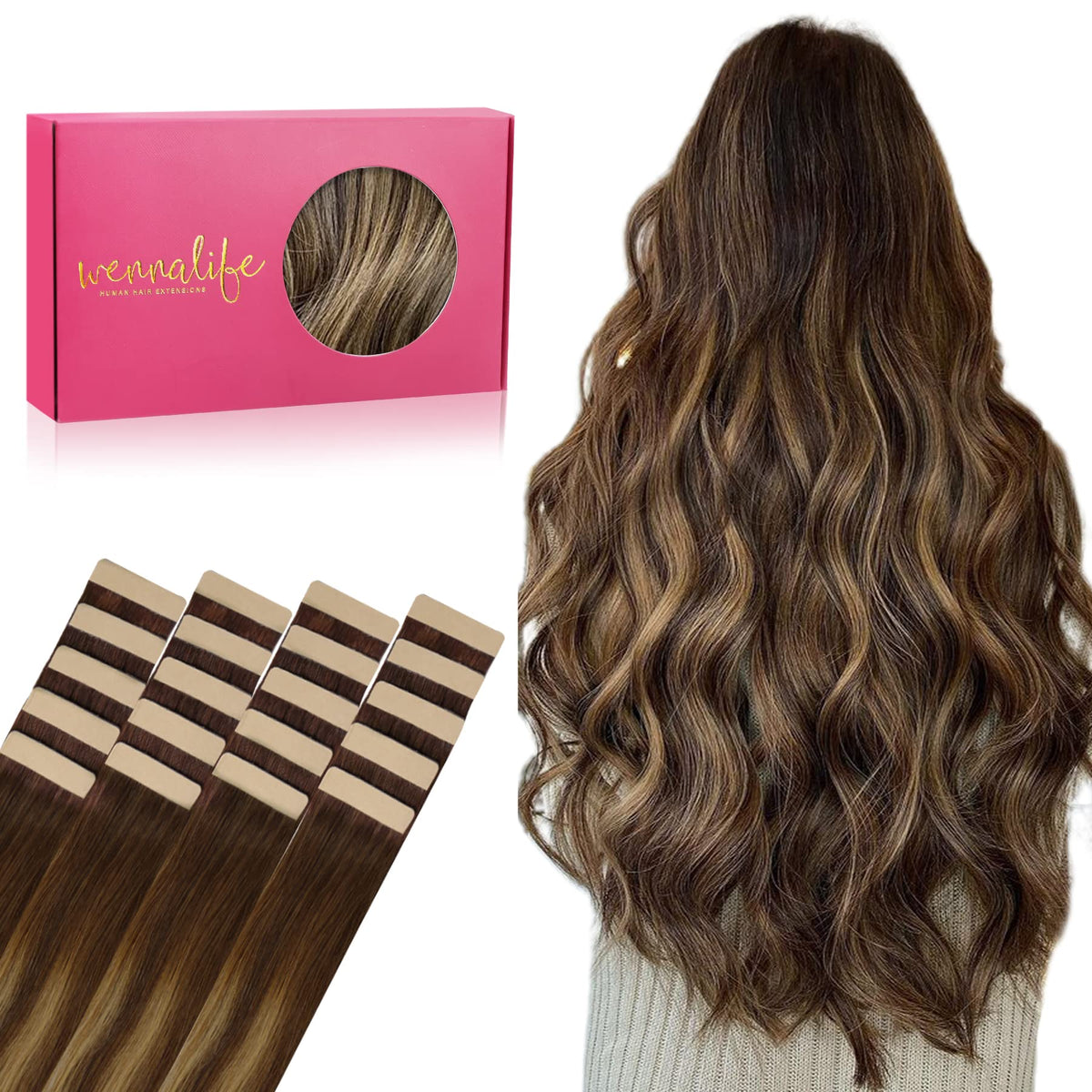 Wennalife Tape in Hair Extensions 12 inch Balayage Chocolate Brown to Caramel Blonde front view