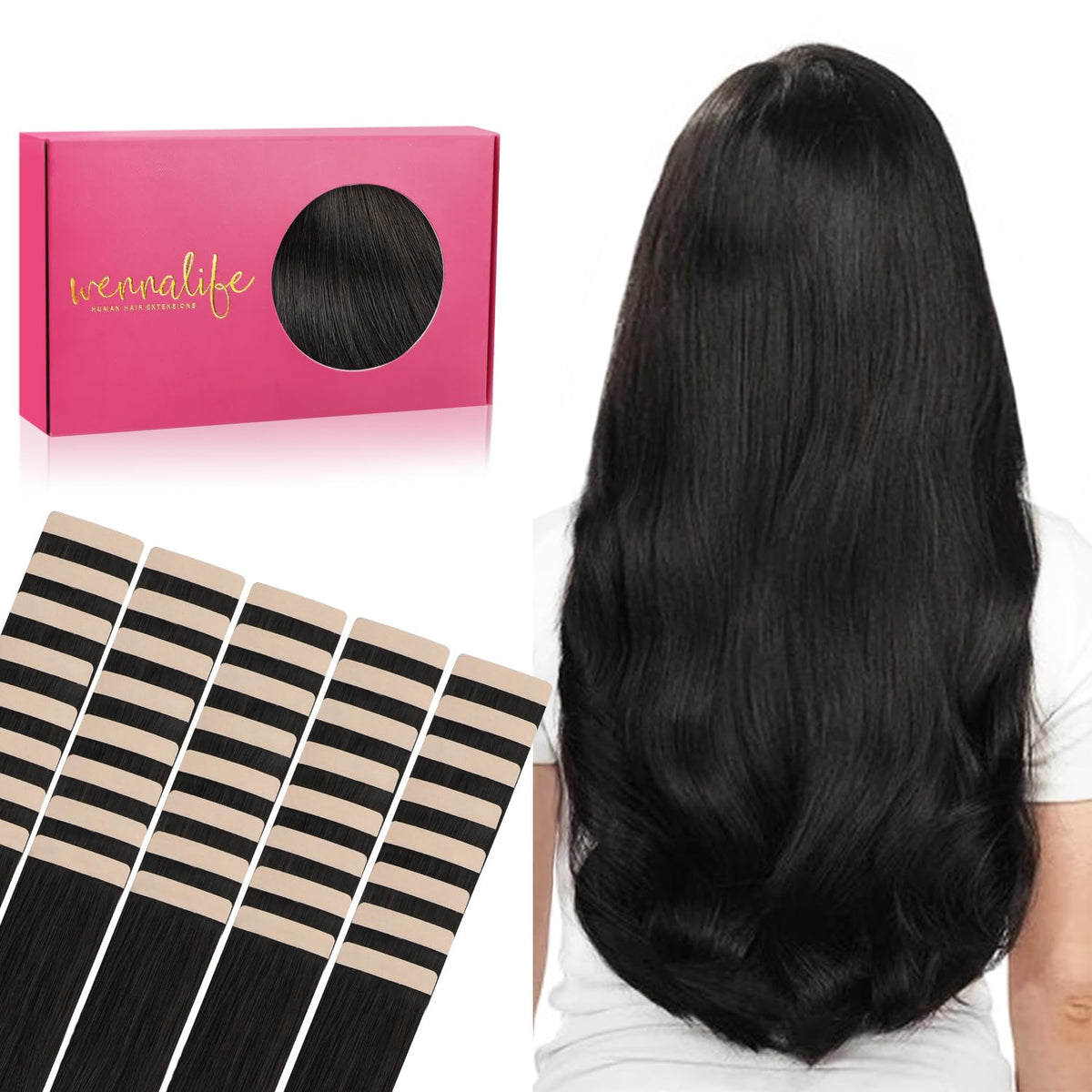 Wennalife Tape-in Hair Extensions 12 inch Natural Black front view