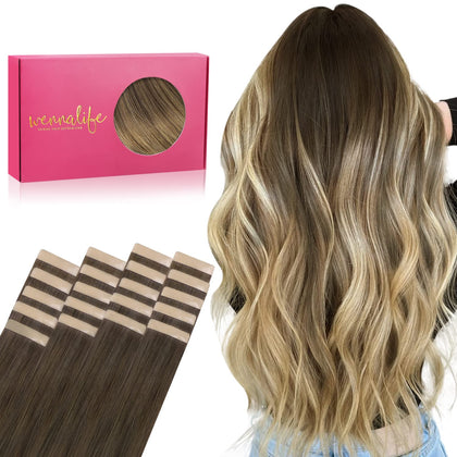 Wennalife Tape in Hair Extensions 12 inch Ombre Walnut Brown to Ash Brown and Bleach Blonde front view