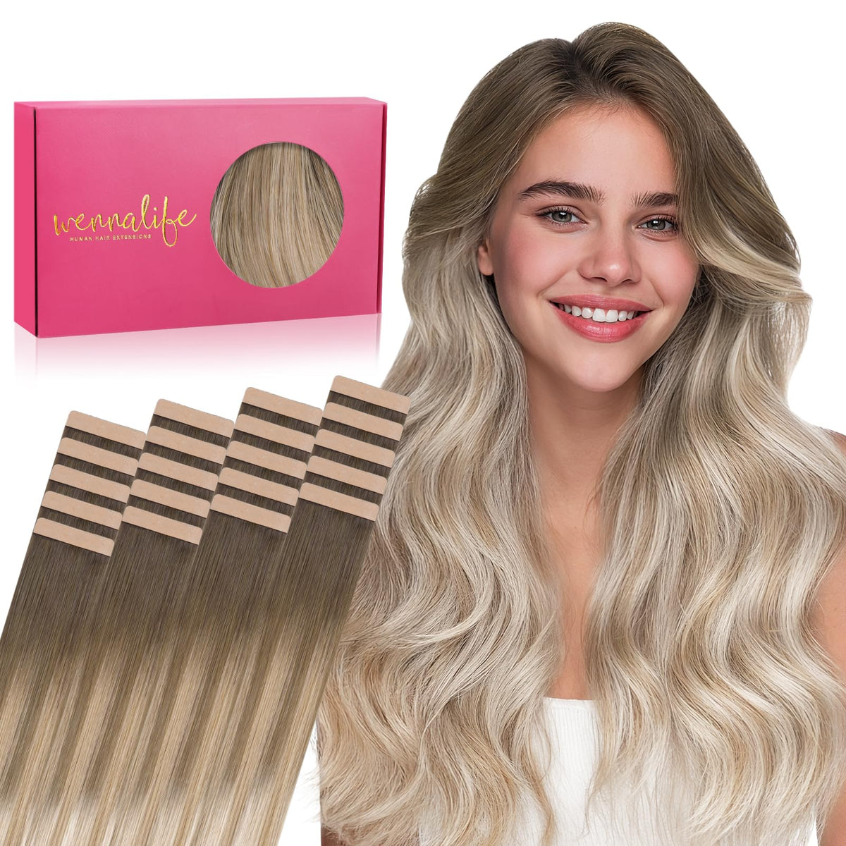 Wennalife Tape in Hair Extensions 14 inch Balayage Sandy Brown to Platinum Blonde front view