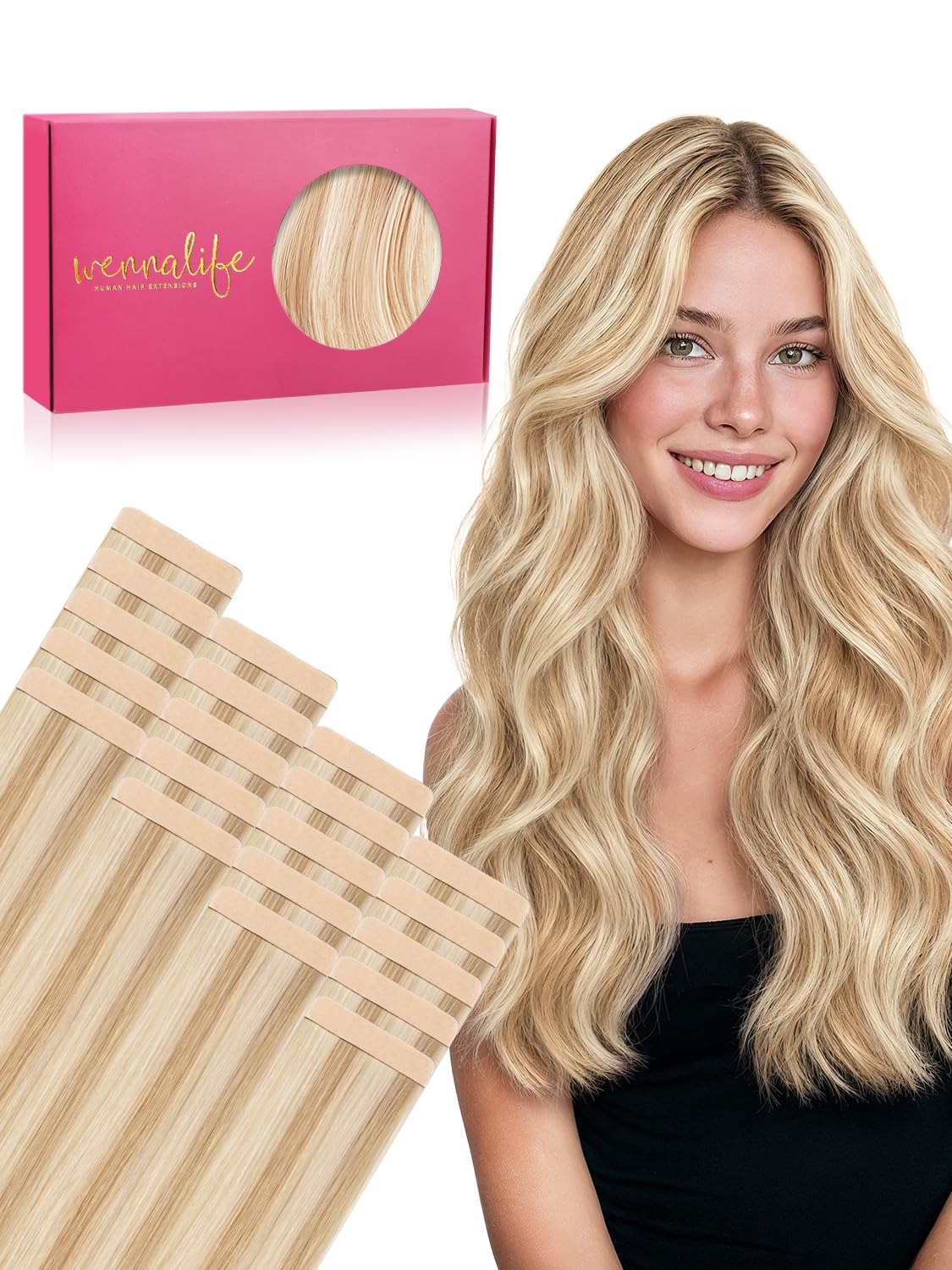 Wennalife Tape in Hair Extensions 14 inch Dirty Blonde front view