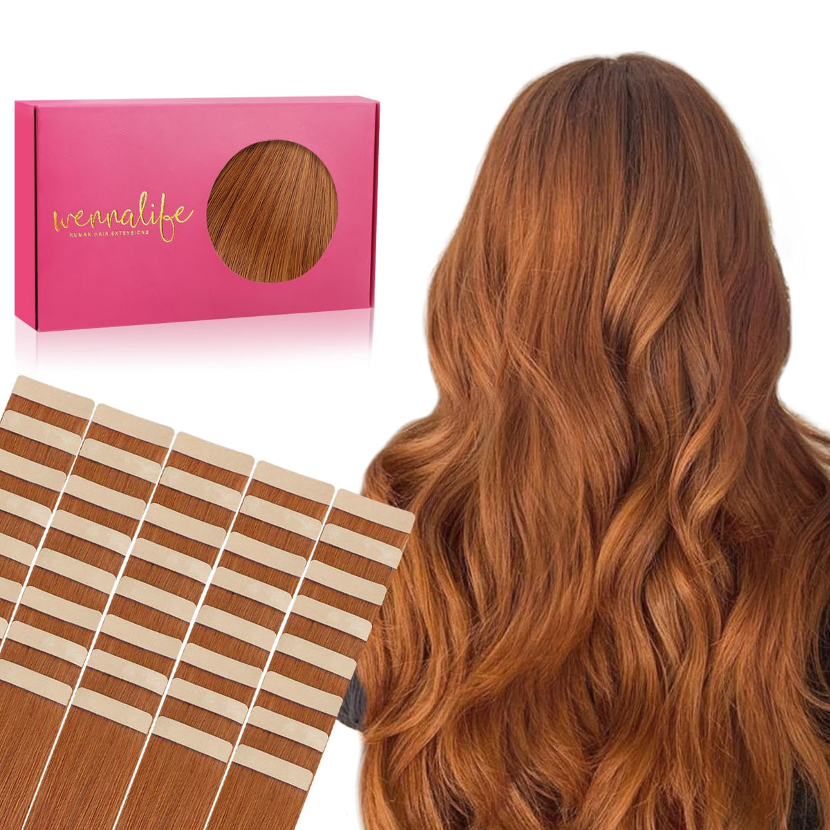 Wennalife Tape in Hair Extensions 14 inch Dirty Ginger front view