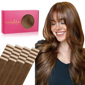 Wennalife Tape in Hair Extensions 14 inch Light Auburn Brown front view