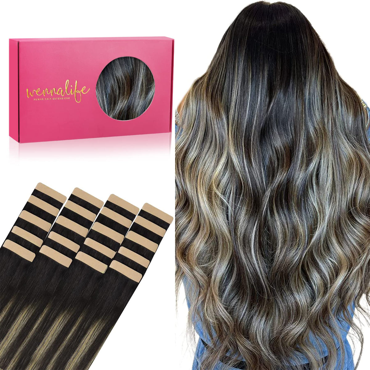 Wennalife Tape in Hair Extensions 16 inch natural black to light blonde front view