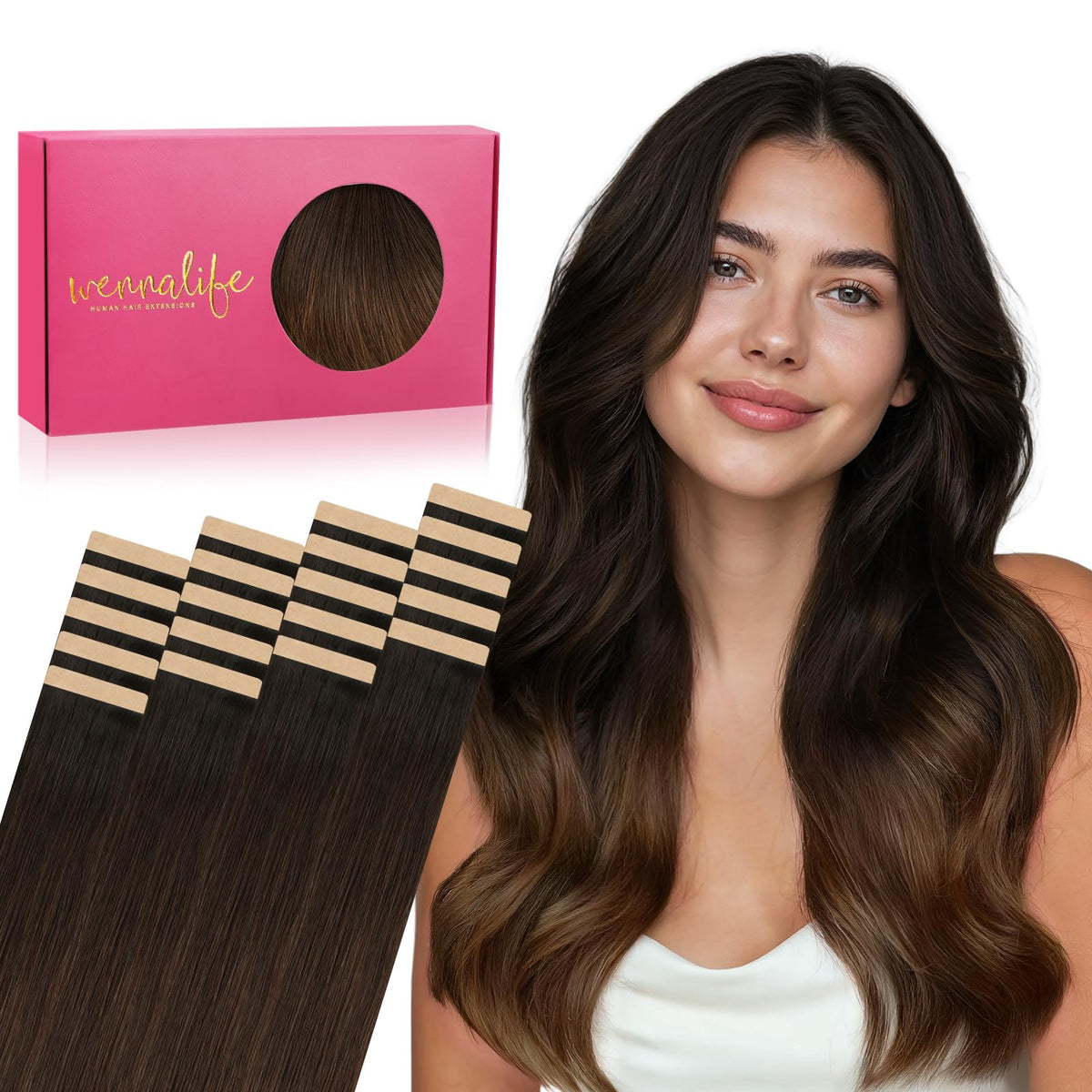 Wennalife Tape in Hair Extensions 16 inch Ombre Dark Brown to Light Chestnut Brown front view