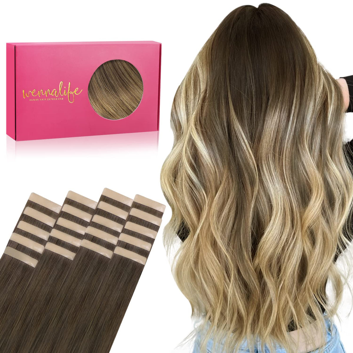 Wennalife Tape In Hair Extensions 16 Inch Ombre Walnut Brown front view
