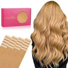 Wennalife Tape in Hair Extensions 16 inch Strawberry Blonde front view