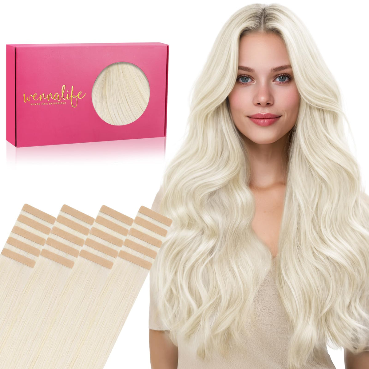 Wennalife Tape in Hair Extensions 16 inch White Blonde front view
