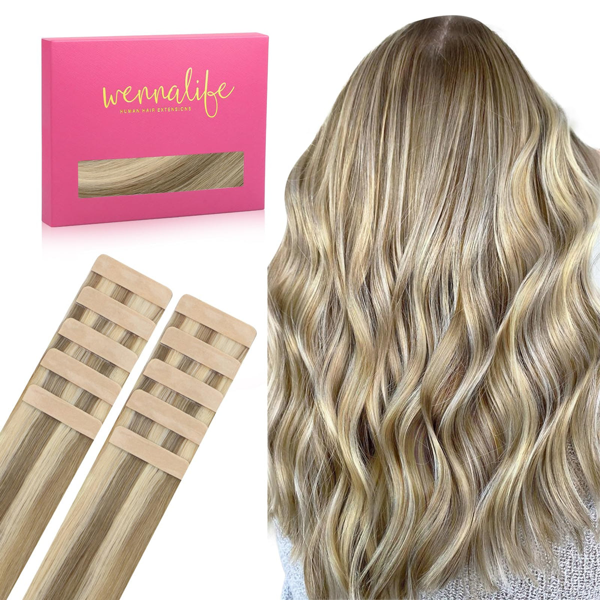 Wennalife Tape in Hair Extensions 18 inch Ash Brown with Platinum Highlights front view