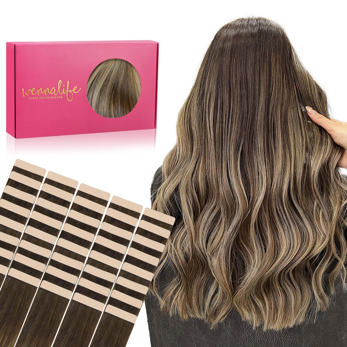 Wennalife Tape in Hair Extensions 18 inch Balayage Chocolate Brown to Honey Blonde
