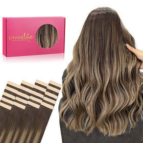 Wennalife Tape in Hair Extensions 18 inch Balayage Chocolate Brown to Honey Blonde front view