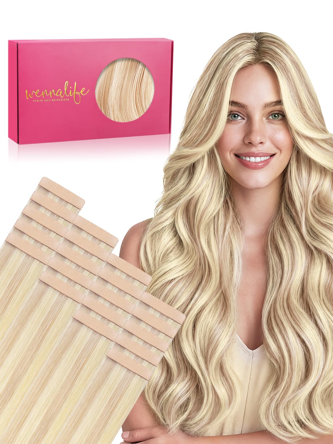 Wennalife Tape in Hair Extensions 18 inch Balayage Light Wheat Platinum Blonde front view