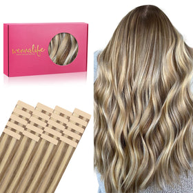 Wennalife Tape in Hair Extensions 20 inch Ash Brown with Platinum Blonde Highlights front view