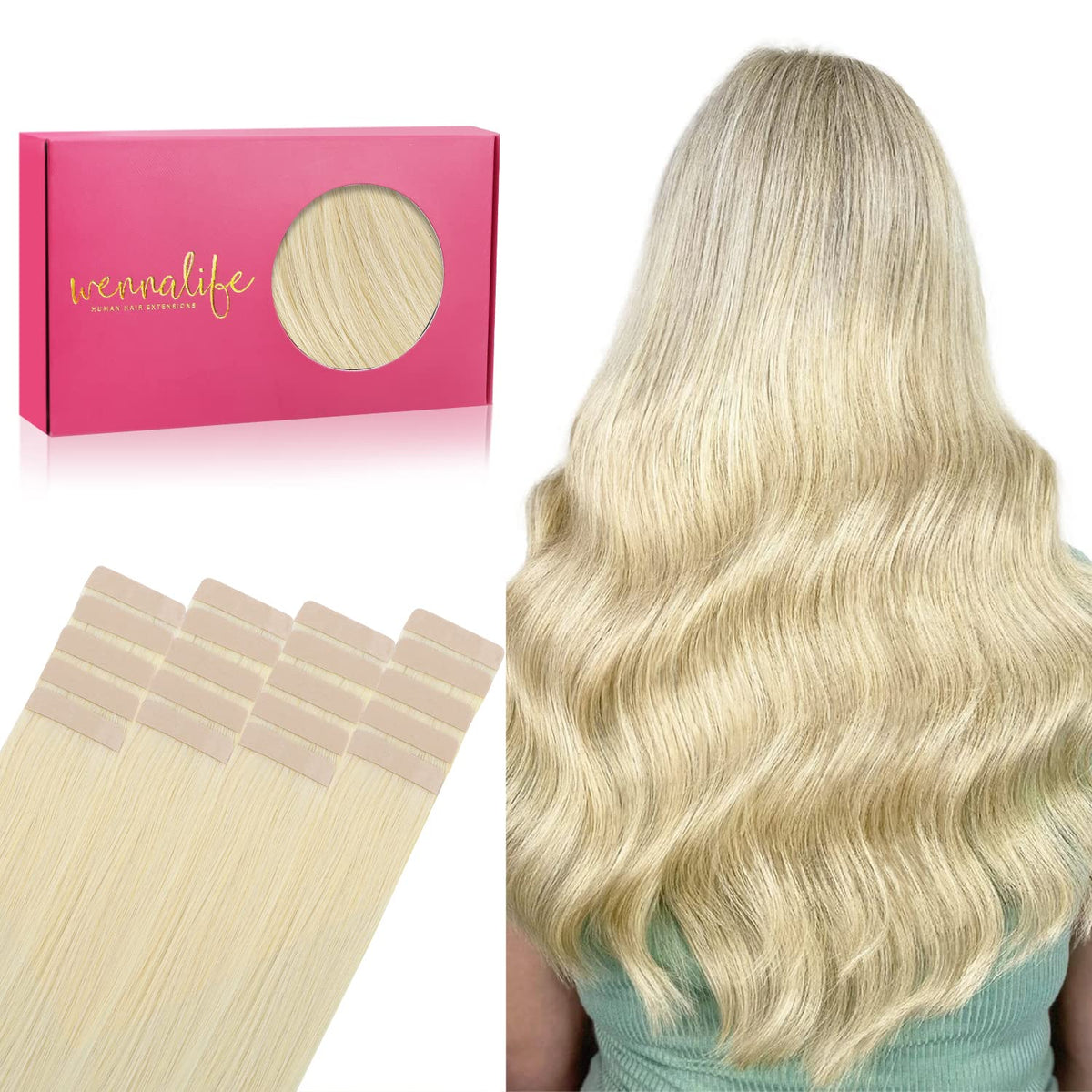 Wennalife Tape in Hair Extensions 20 inch Bleach Blonde front view