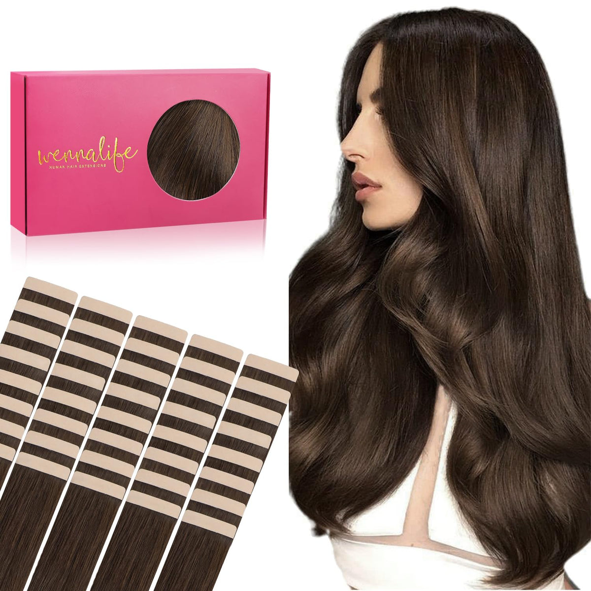 Wennalife Tape in Hair Extensions 20 inch chocolate brown front view