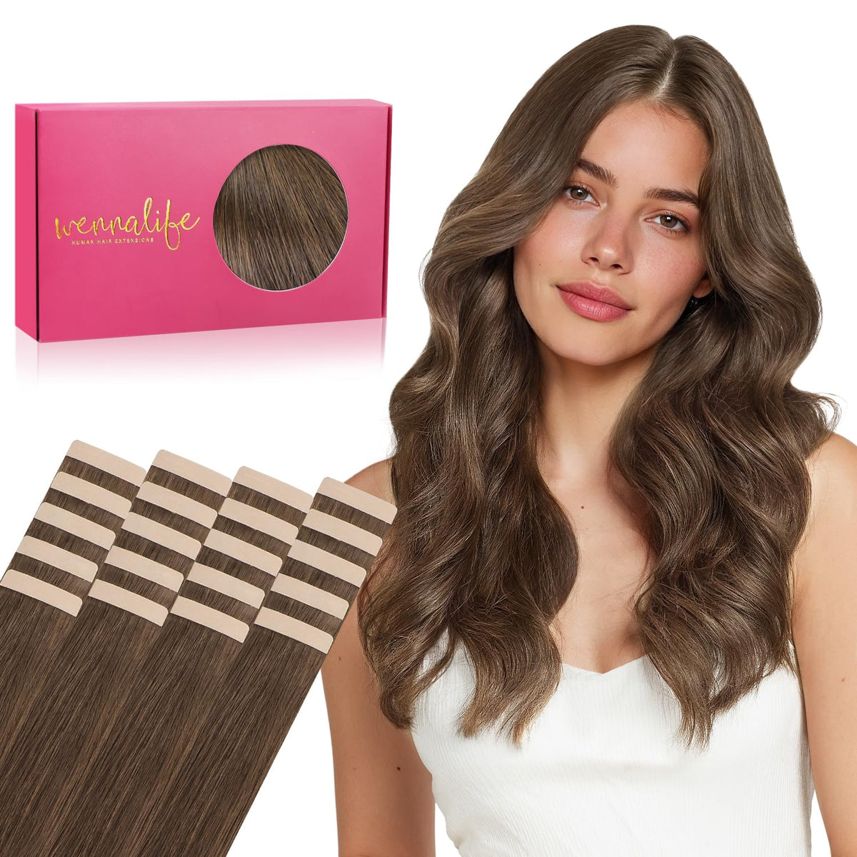 Wennalife Tape in Hair Extensions 20 inch dark brown copper front view