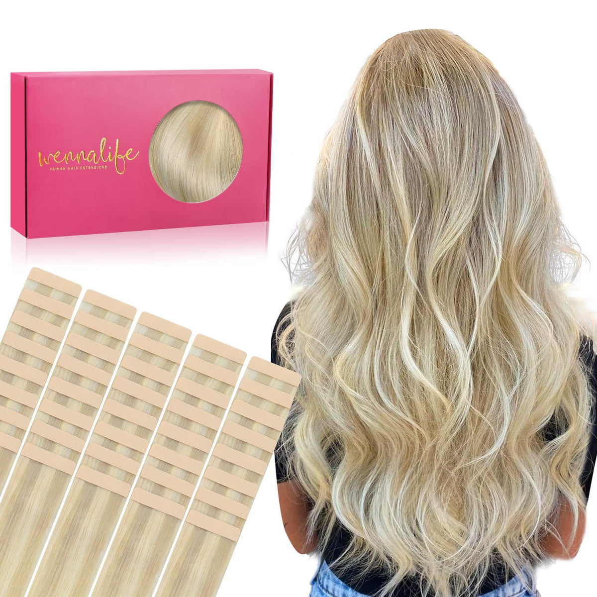 Wennalife Tape in Hair Extensions 20 inch Ombre Ash Blonde front view