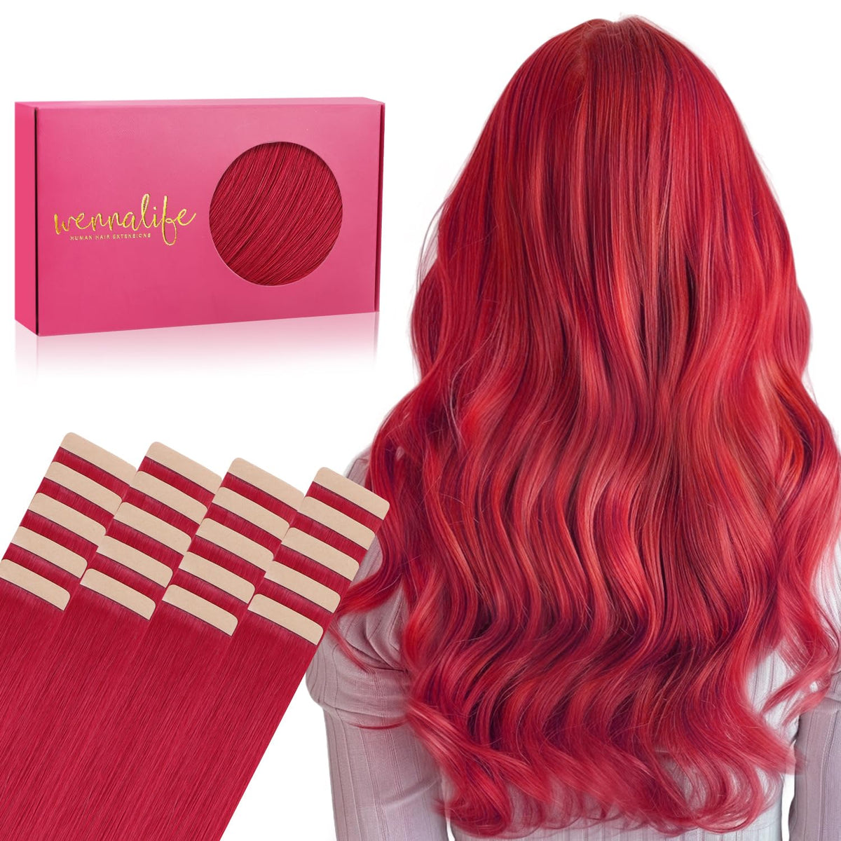 Wennalife Tape in Hair Extensions 20 inch red straight hair front view