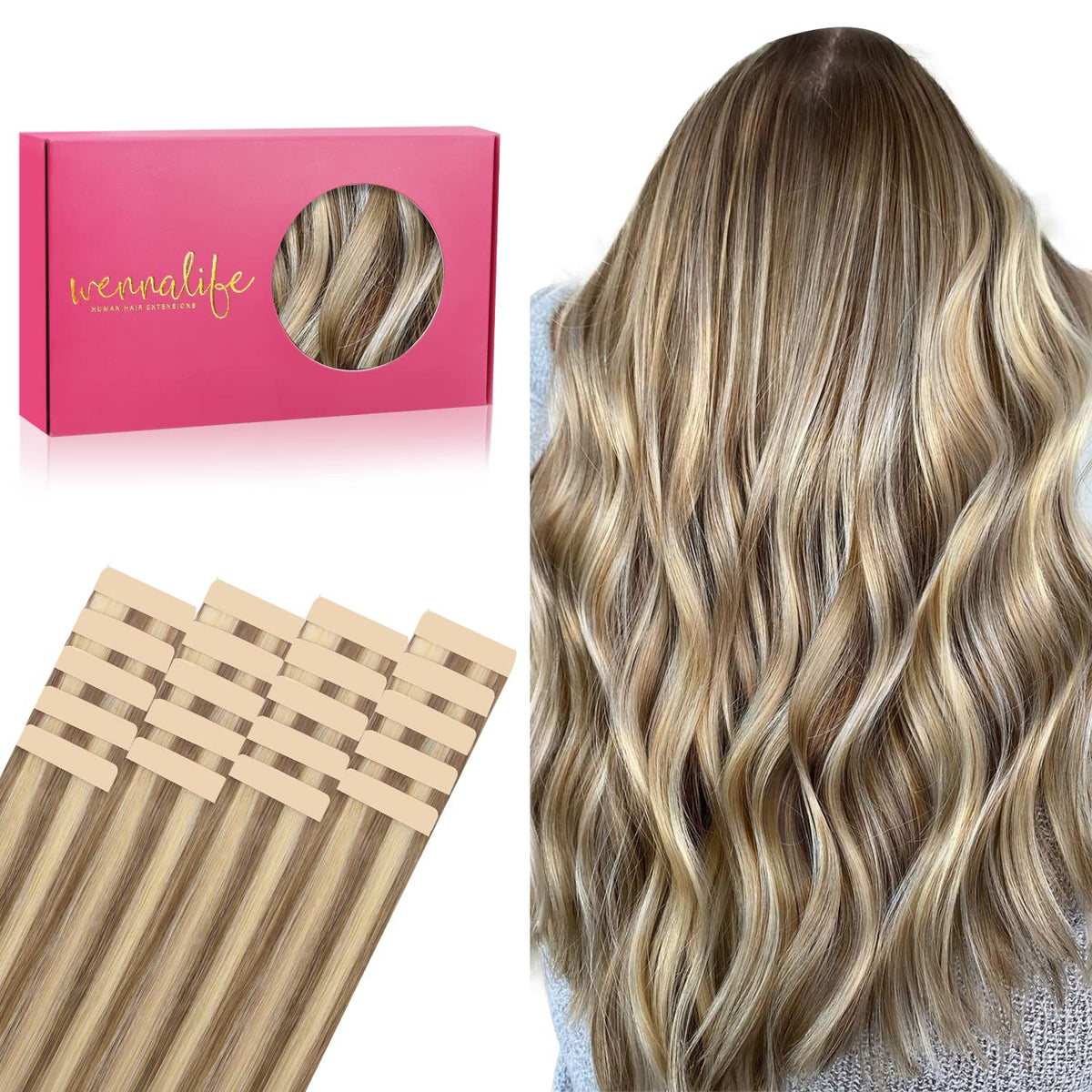 Wennalife Tape in Hair Extensions 22 inch Ash Brown with Platinum Blonde Highlights front view