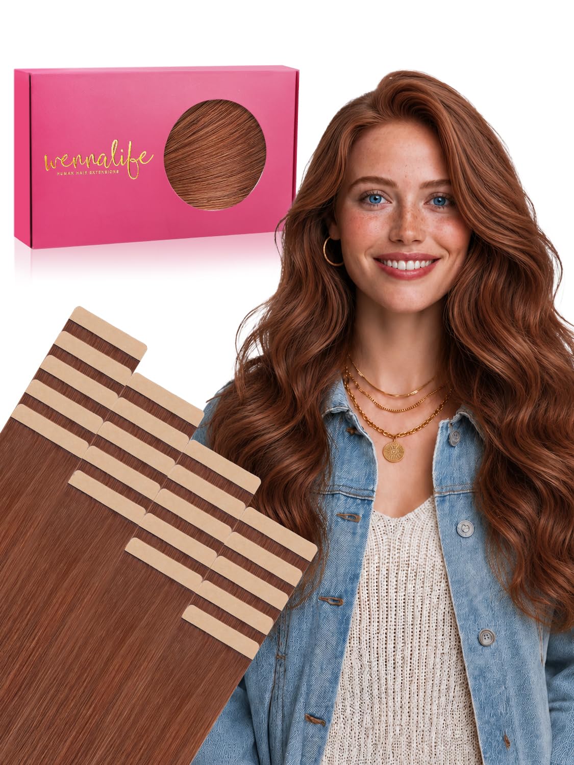 Wennalife Tape in Hair Extensions 22 inch Cinnamon Copper front view