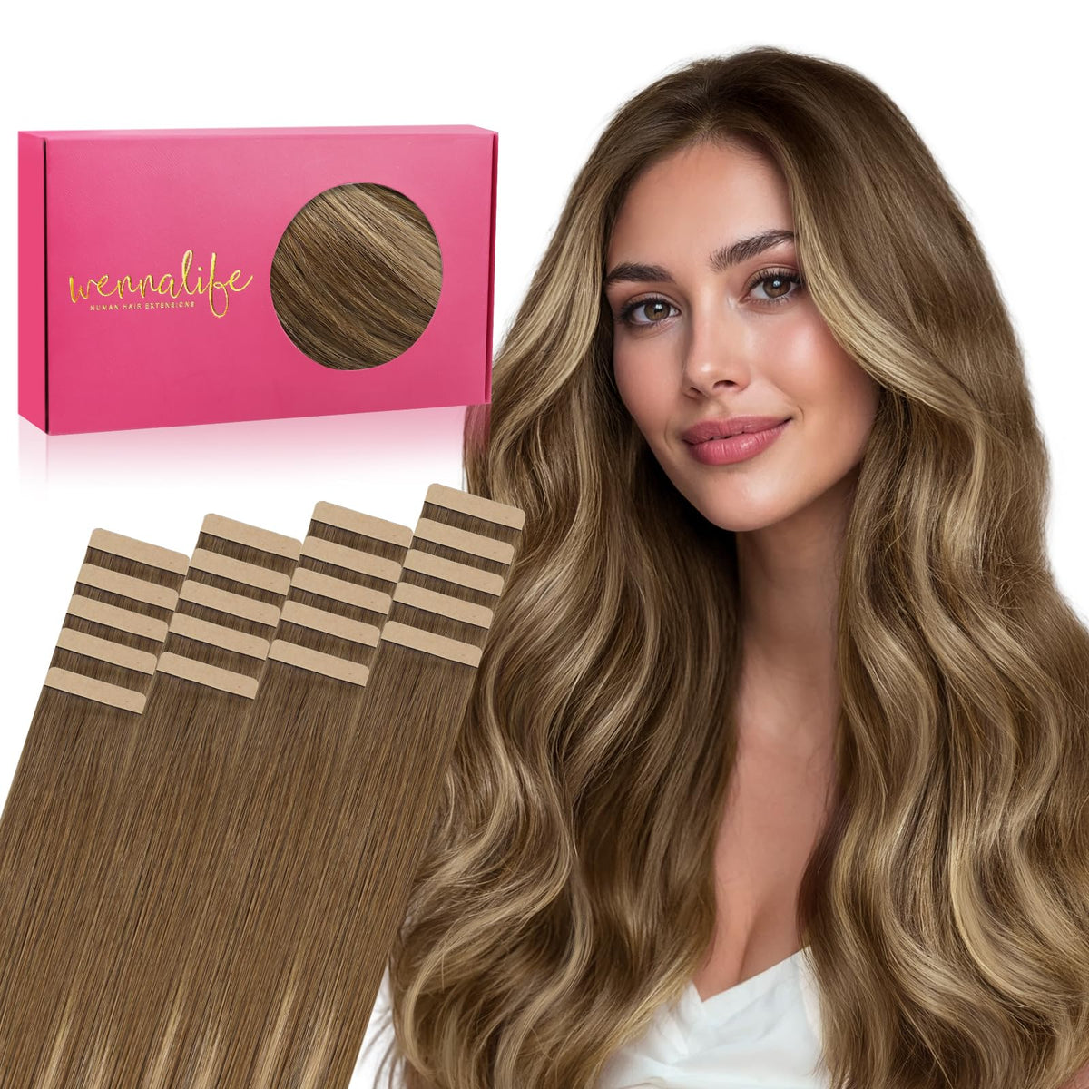 Wennalife Tape in Hair Extensions 24 inch Balayage Chestnut Brown front view