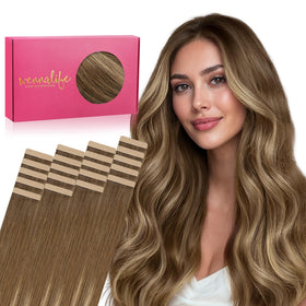 Wennalife Tape in Hair Extensions 24 inch Balayage Chestnut Brown front view