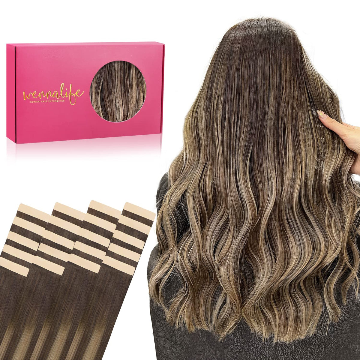 Wennalife Tape in Hair Extensions 24 Inch Balayage Chocolate Brown to Honey Blonde front view