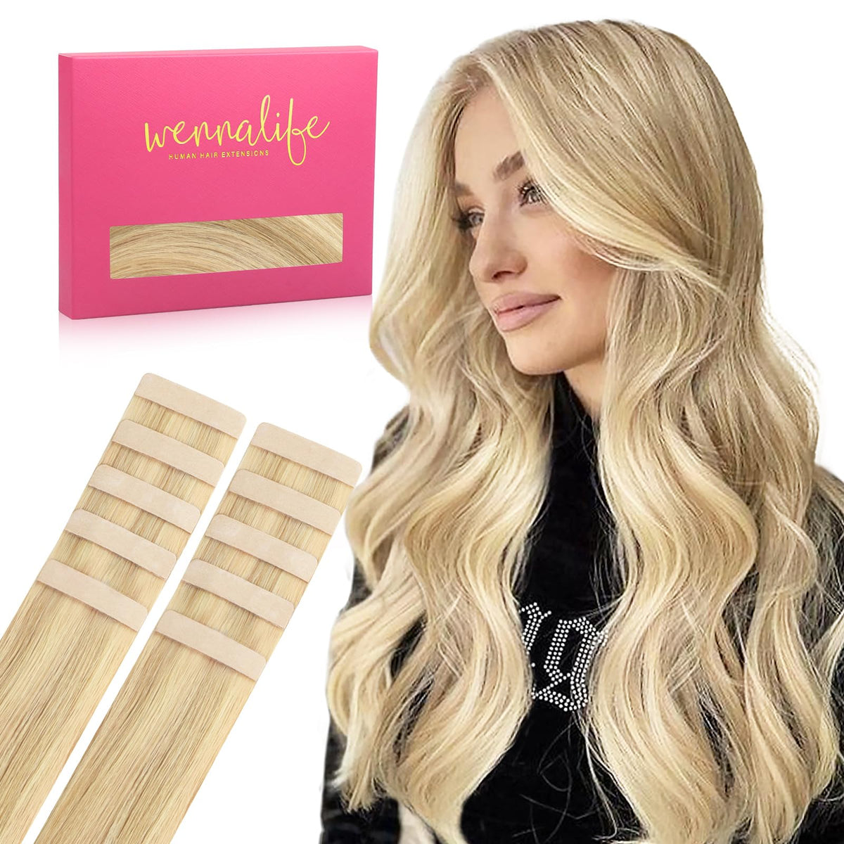 Wennalife Tape in Hair Extensions 26 inch Light Blonde front view
