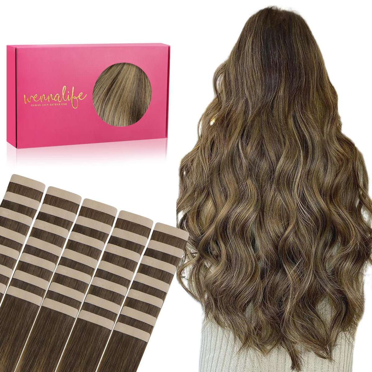 Wennalife Tape-in Hair Extensions 40pcs 100g 24 inch Balayage chocolate brown to caramel blonde
