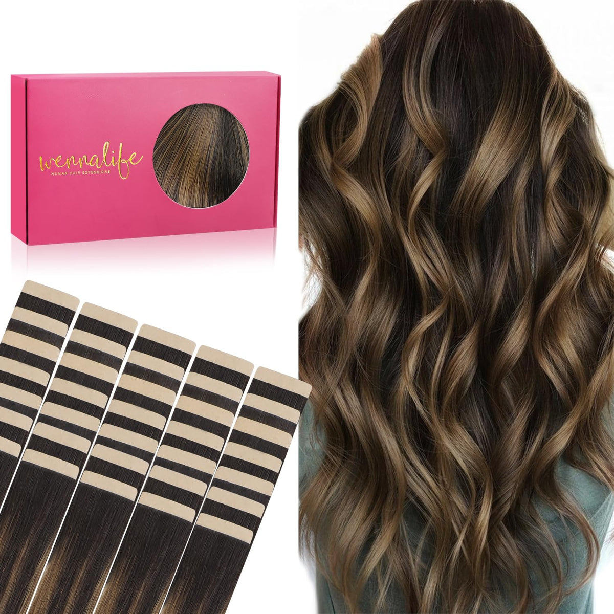 Wennalife Tape in Hair Extensions 40pcs 100g Balayage dark brown mixed chestnut brown