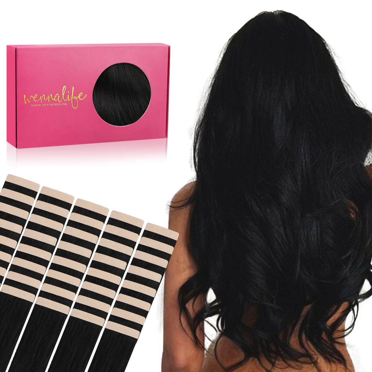 Wennalife Tape in Hair Extensions 40pcs 100g jet black front view