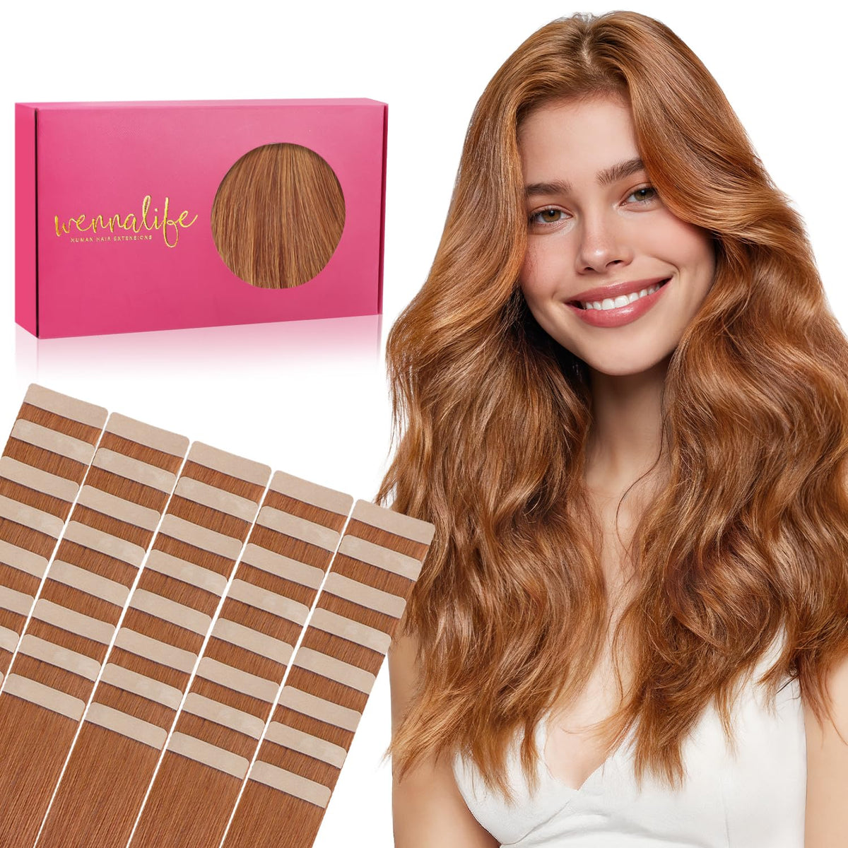 Wennalife Tape in Hair Extensions 40pcs in Cinnamon Terra Copper