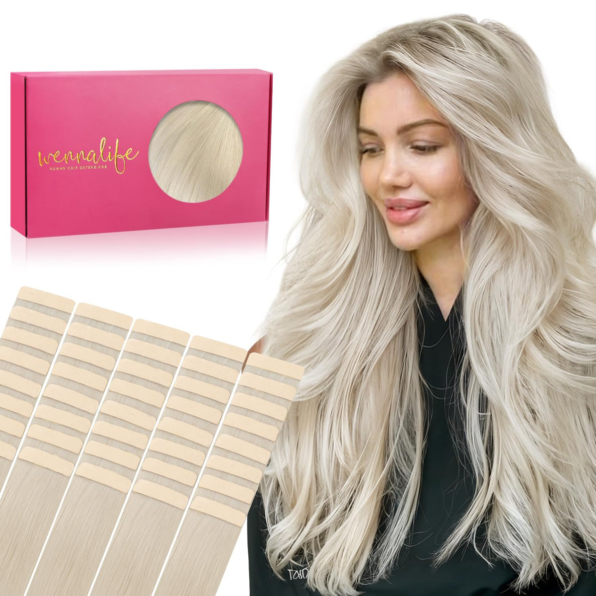 Wennalife Tape in Hair Extensions 40pcs platinum blonde front view
