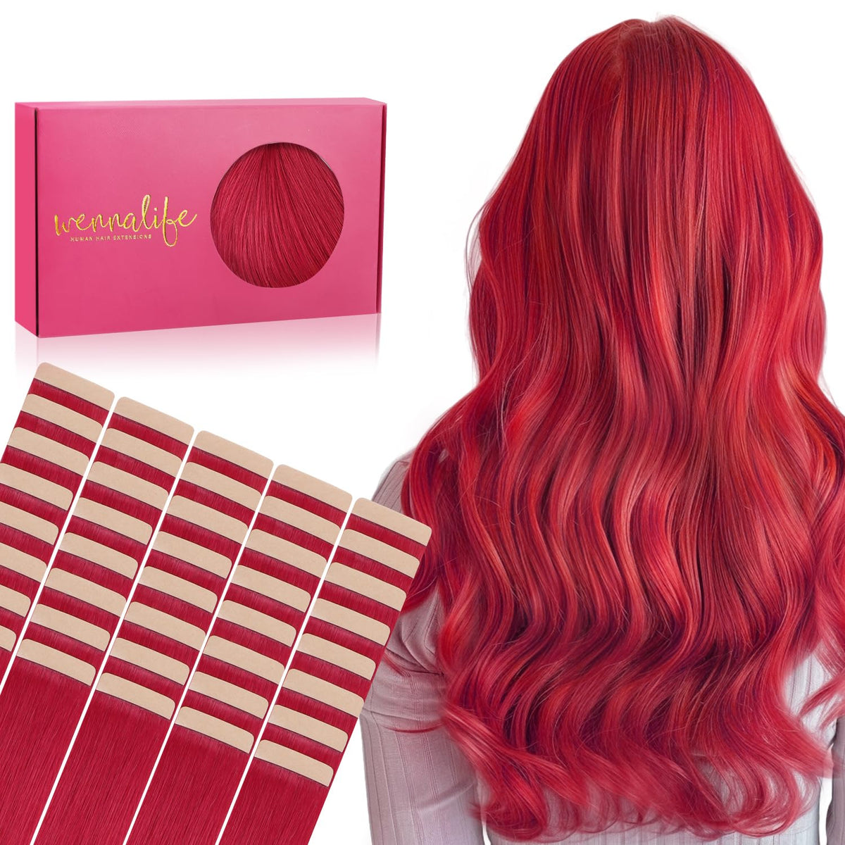 Wennalife Tape in Hair Extensions 40pcs red front view
