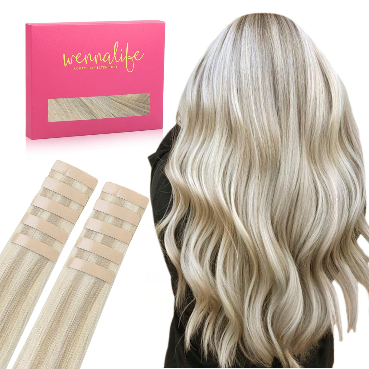 Wennalife Tape in Hair Extensions Ash Blonde front view